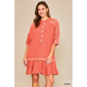 NWT Umgee Cotton Papaya Coral Ruffle Short‎ Sleeve Mini Dress Oversized Small